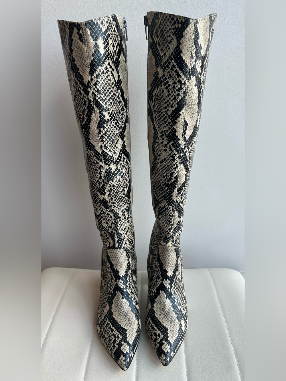 Marc Fisher Retie 2 Knee-High Snake Print Boots in Black and Cream Sz. 6.5 M